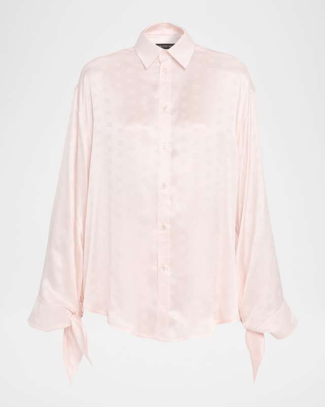 Knotted-Cuff Silk Jacquard Button-Down Blouse